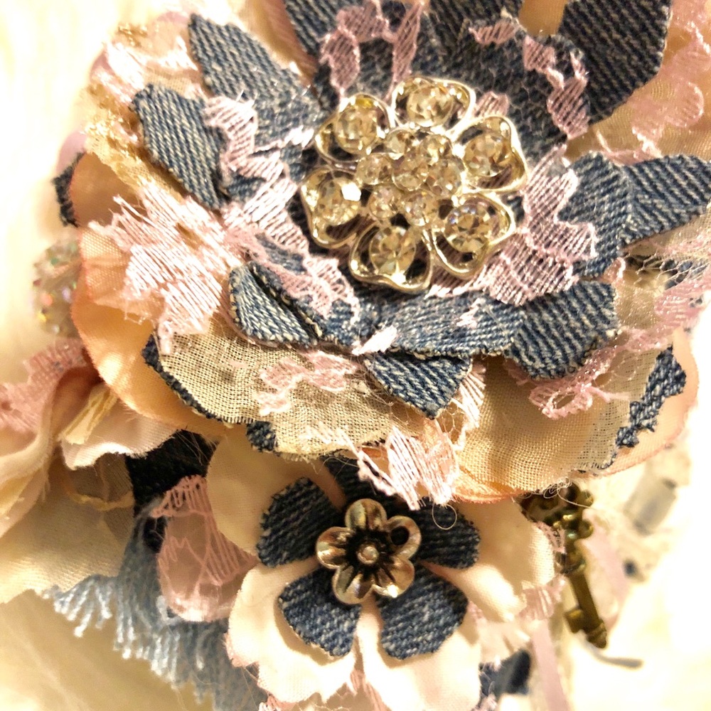 Denim Cuff Floral Pink Sabby Boho Chic Bracelet Handmade - Picture 6 of 8